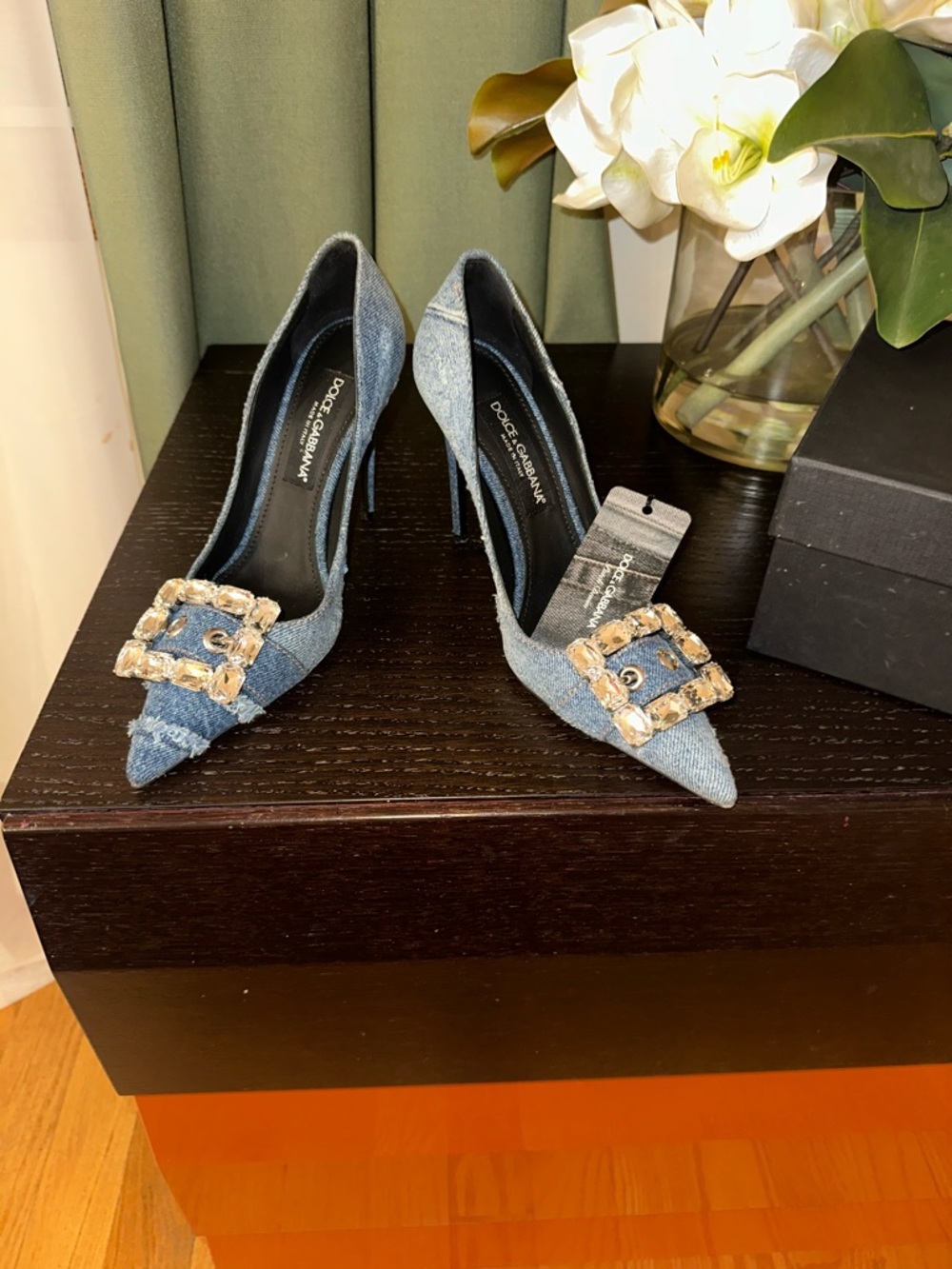 Dolce & Gabbana Denim Pointed Toe Pumps with Jeweled Buckles size 40 worn once